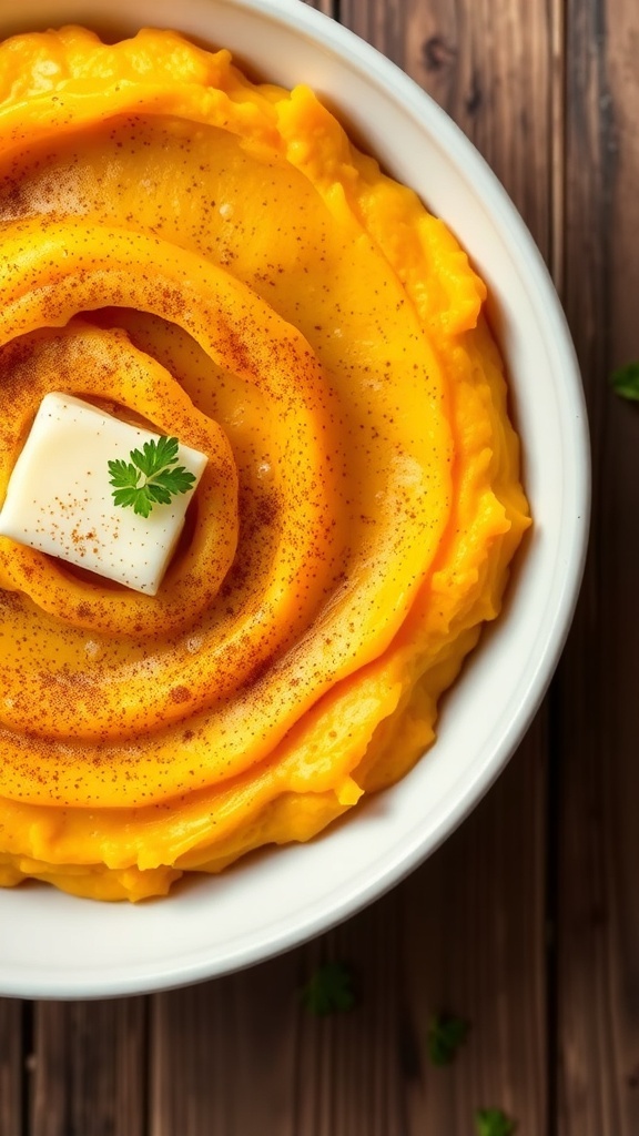 A bowl of creamy mashed butternut squash with cinnamon and butter, garnished with herbs on a rustic table.